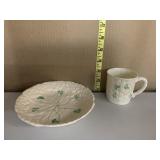 BELLEEK SHAMROCK SAUCER WITH DAISY ACCENT AND A