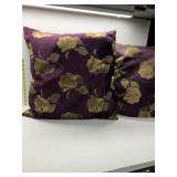 TWO VELVET BACK PILLOWS WITH GOLD FLOWER DESIGN