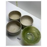 3 POTTERY BOWLS AND GLASS DISH