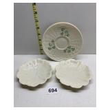BELLEEK TWO FLOWER DESIGN DISHES AND SHAMROCK