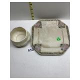 BELLEEK BROWN MARK BOWL, BELLEEK HAND PAINTED ROSE