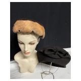 TWO BROWN VELVET HATS ONE W/ TAN FEATHERS ONE