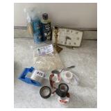 ELECTRIC CLOCK, BRASS CANDLE STICK, TAPE ETC.