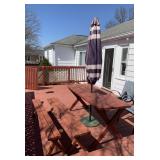 REDWOOD PATIO TABLE AND UMBRELLA AND BENCHES