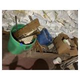 WOOD CRATE WITH SPINDLES GREEN BUCKET AND WHO