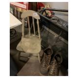 WOOD CHAIR AND WORK BOOTS SZ. 8.5