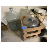 3 GLASS WATER BOTTLES ONE IN WOOD CRATE