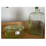 GREEN DEPRESSION BOWL W/ LID, AND CANDLE HOLDER