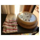 WOOD LAZY SUSAN, BIRD CLOCK, LINEN TOWELS