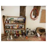ASSORTED ACRYLIC PAINTS, MOUNTING TAPE AND RACK
