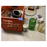 GREEN COFFEE JAR NO LID, ASSORTED CUPS AND