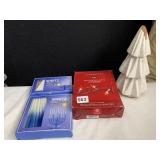 MENORAH CANDLES, FAUX CHRISTMAS TREE AND BOX OF