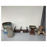 WALL COAT RACK, CRISCO TIN, CANDLE STAND, METAL