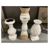 3 WOOD CANDLE STANDS IN PAINT ONE WITH PINEAPPLE