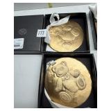 2 BRONZE WENDELL AUGUST TEDDY BEAR ORNAMENTS IN