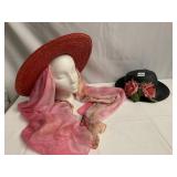 BLACK GEORGIO HAT, RED STRAW W/ PINK SCARF