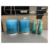 TWO POTTERY SALT AND PEPPERS AND GLASSES FOR BOYS