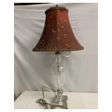 GLASS CENTER LAMP W/ RED SHADE AND SILVER TONE