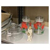 COVERED GLASS DOME, RED FLOWERS ON JARS, WILLOW