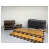 GRAY DIVIDED BOX, WOOD RISERS, ARROW CLIPBOARD