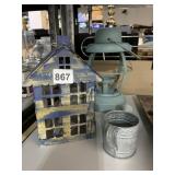 TIN BIRD HOUSE, LANTERN AND MINI WATERING CAN