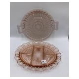 PINK DEPRESSION GLASS HANDLED PLATTER AND RIBBON