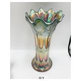 FENTON CARNIVAL VASE IRIDESCENT GREEN 8-INCH-HIGH
