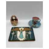 MADE IN JAPAN DOLL, DEMITASSE AND SAUCER, CARVED