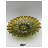 9" GREEN GLASS CRIMPED EDGE BOWL