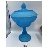 10" SATIN BLUE GLASS COVERED COMPOTE