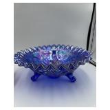 IRIDESCENT BLUE CRIMPED EDGE ROSE BOWL WITH FEET,