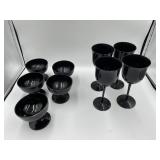 5 SILVER OVERLAY CHAMPAGNE GLASSES, AND 4 BLACK