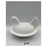 WHITE MILK GLASS W/ HOBNAIL RIM NESTING HEN