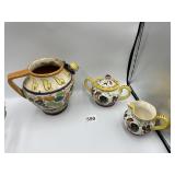 HAND PAINTED ITALIAN STONEWARE JUG AND SUGAR AND