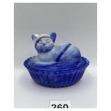 BLUE AND WHITE SLAG GLASS CAT ON NEST, 6"