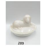 6" MILK GLASS DOG ON NEST