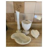 MILK GLASS VASES, DISH, TEA HOLDER, GOBLET