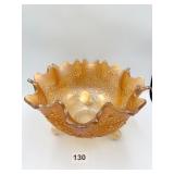 CARNIVAL GLASS AMBER RUFFLED EDGE BOWL FOOTED 10