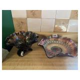 CARNIVAL GLASS RUFFLED BOWL WITH CHIP ON FOOT AND