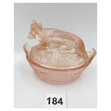 HEISEY COVERED DISH W/ PINK GLASS W/ COW GOOD