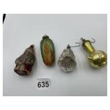4 HAND BLOWN ORNAMENTS TEA POT, CHERRY, CORN ON