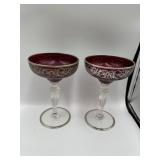 PAIR OF RUBY CHAMPAGNE GLASSED WITH SILVER