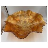 11" MARIGOLD CARNIVAL GLASS FOOTED BOWL WITH