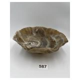 9" SLAG GLASS BROWN ROSE BOWL WITH FEET AND ROSE