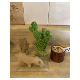 OWL TRINKET BOWL, CACTUS FIGURINE, STONE LION,