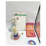 AVON PERFUME BOTTLES, PEANUTS BUTTON, NOTE PAD,