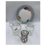 SMALL GLASS PITCHERS, SILVER OVERLAY CREAMER,