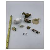 MILK GLASS BUNNY, BRASS DUCK, PORCELAIN DOG AND