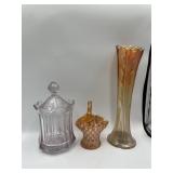 VINTAGE SWUNG VASE WITH CHIP ON BASE, BASKET WITH