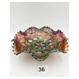 CARNIVAL GLASS 3 FRUIT AMETHYST RUFFLED BOWL